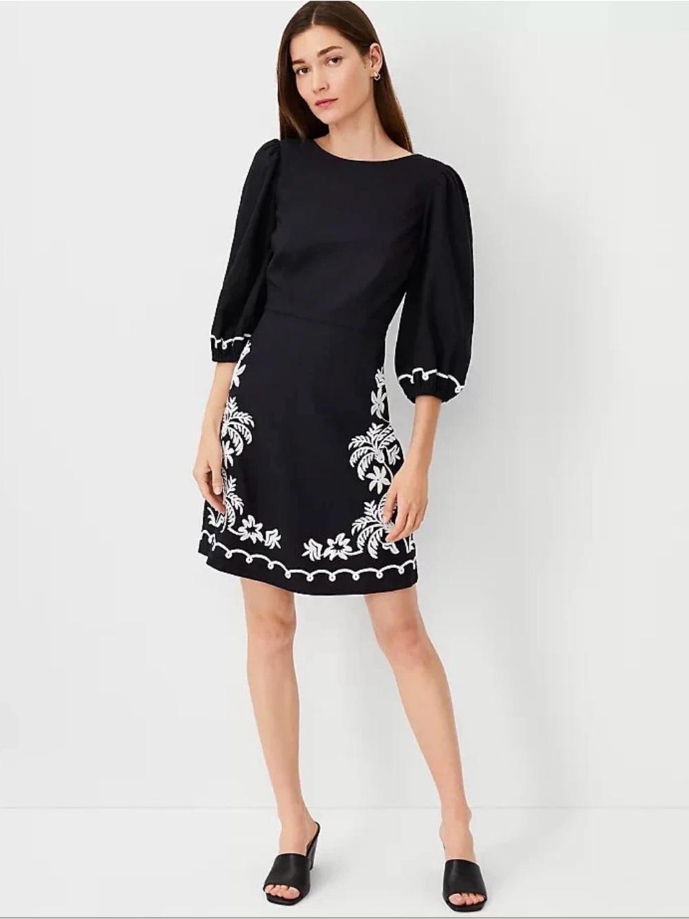 Ann Taylor Embroidered Linen Blend Open Back Flare Dress Mini Black White | 14